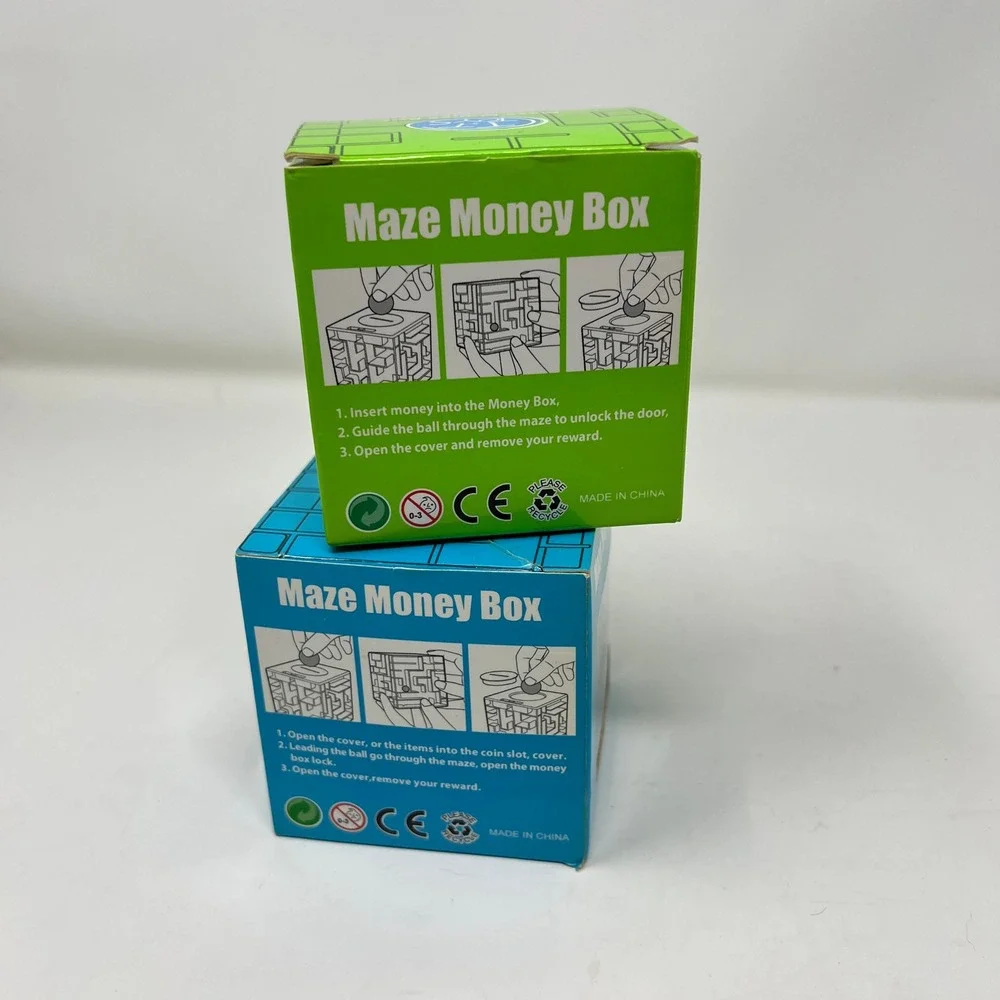 T.T. Toys Maze Money Box T70 Puzzle Bank Cube Blue & Green Lot of 2 Gift Novelty
